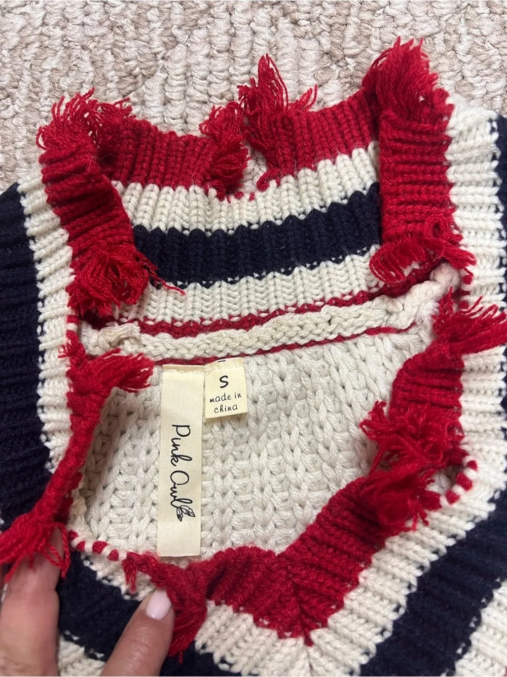 Pink owl Women's Cream Distressed V-Neck Sweater with Red & Navy Trim